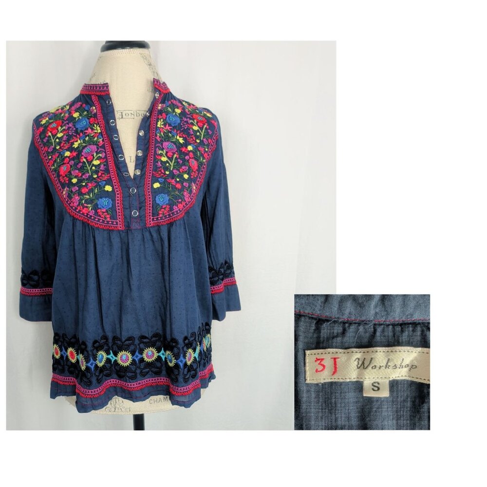 3J Johnny Was Blouse Small Embroidered Top Relaxed Floral